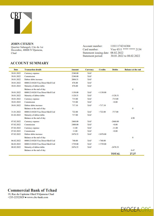 Modèle de relevé bancaire de la Chad Commercial Bank of Tchad au format Word et PDF